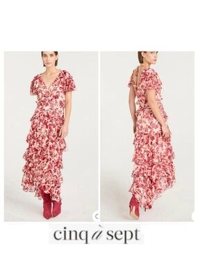 Cinq a Sept Tatum Floral Ruffled Shirt Sleeve Cocktail Midi Dress Sz 4 NWOT